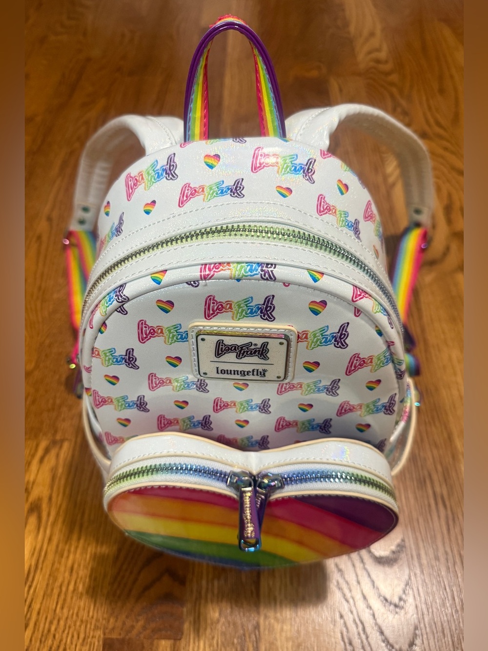 Loungefly x Lisa Frank Logo Heart Mini Backpack w/ Detachable Heart Waist Bag - Picture 6 of 16